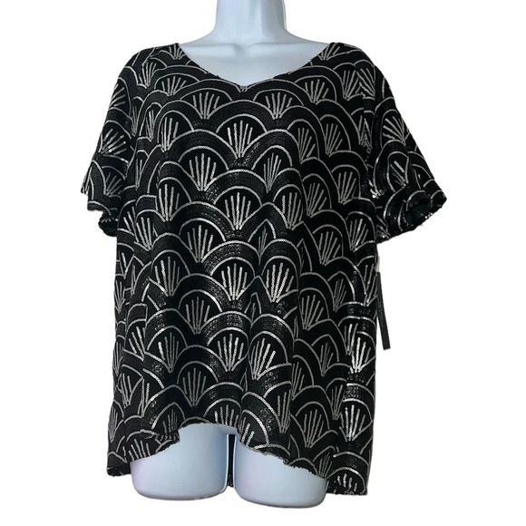 Tahari Arthur s Levine women’s black Silver sequin Quinn blouse sz LG NWT - Picture 1 of 4